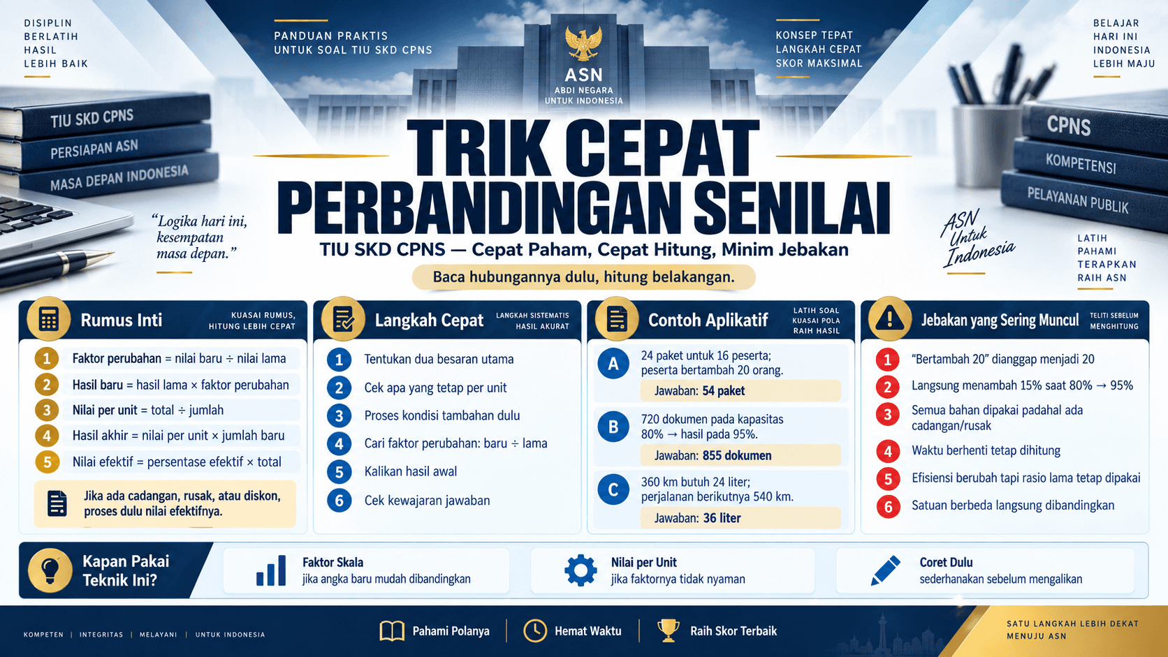 Poster trik cepat perbandingan senilai TIU SKD CPNS dengan contoh soal dan strategi pengerjaan cepat.