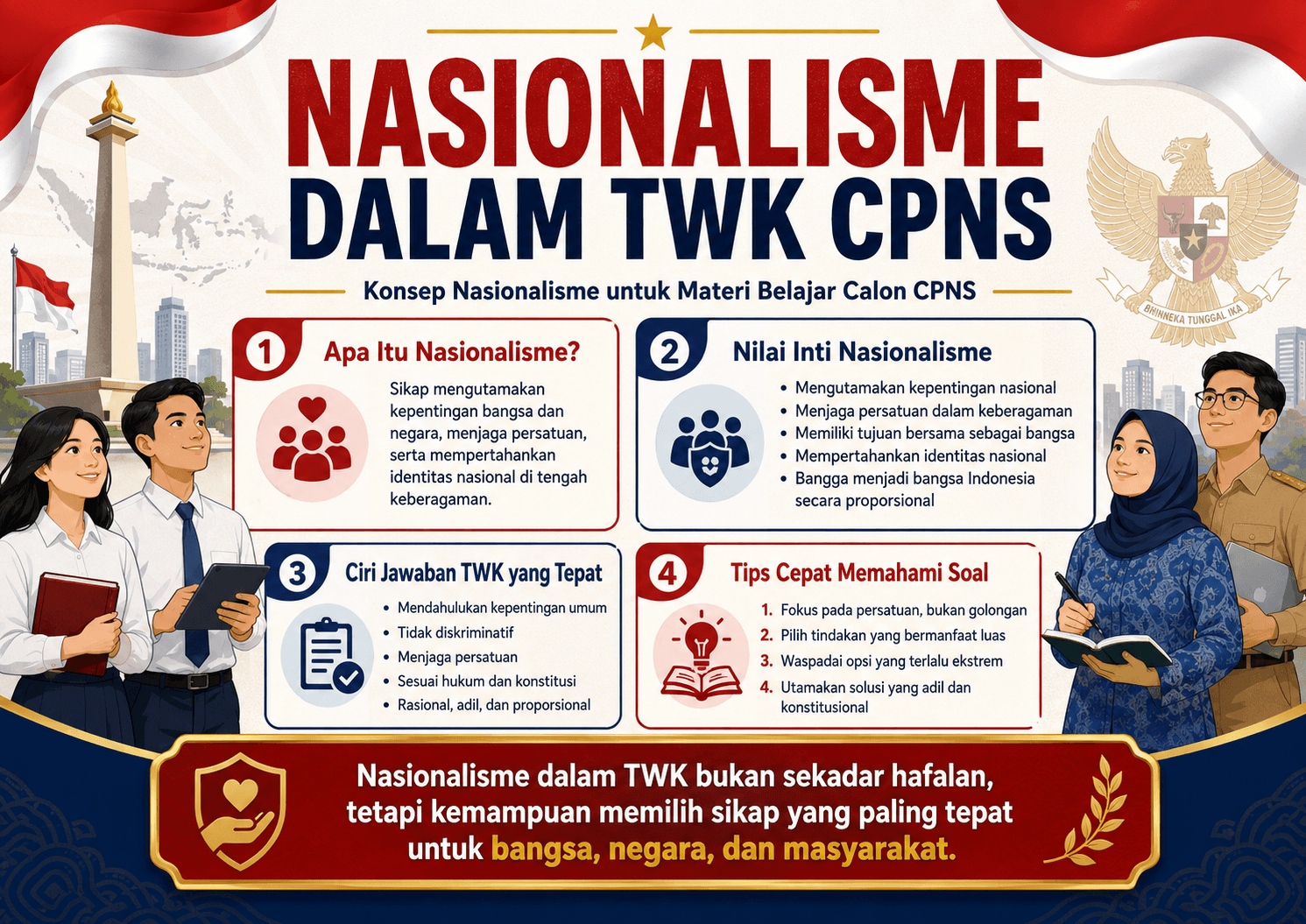 Poster materi Nasionalisme dalam TWK CPNS berisi pengertian, nilai inti, ciri jawaban tepat, dan tips memahami soal.