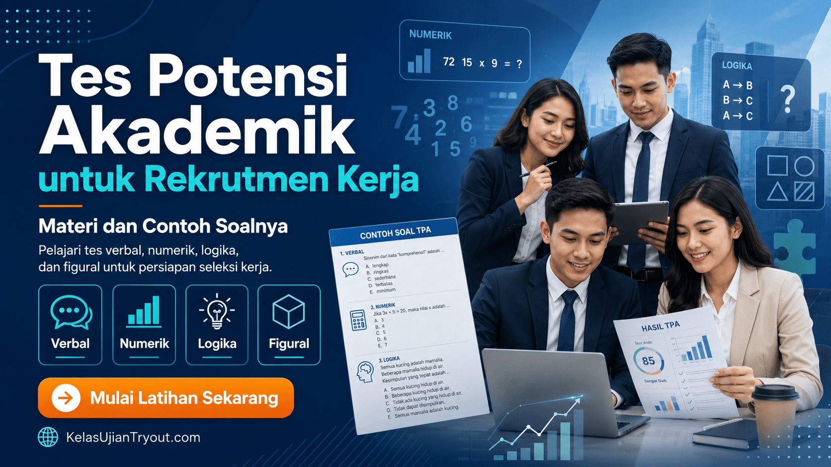 Tes Potensi Akademik untuk rekrutmen kerja dengan pekerja profesional serta ilustrasi tes verbal, numerik, logika, dan figural.