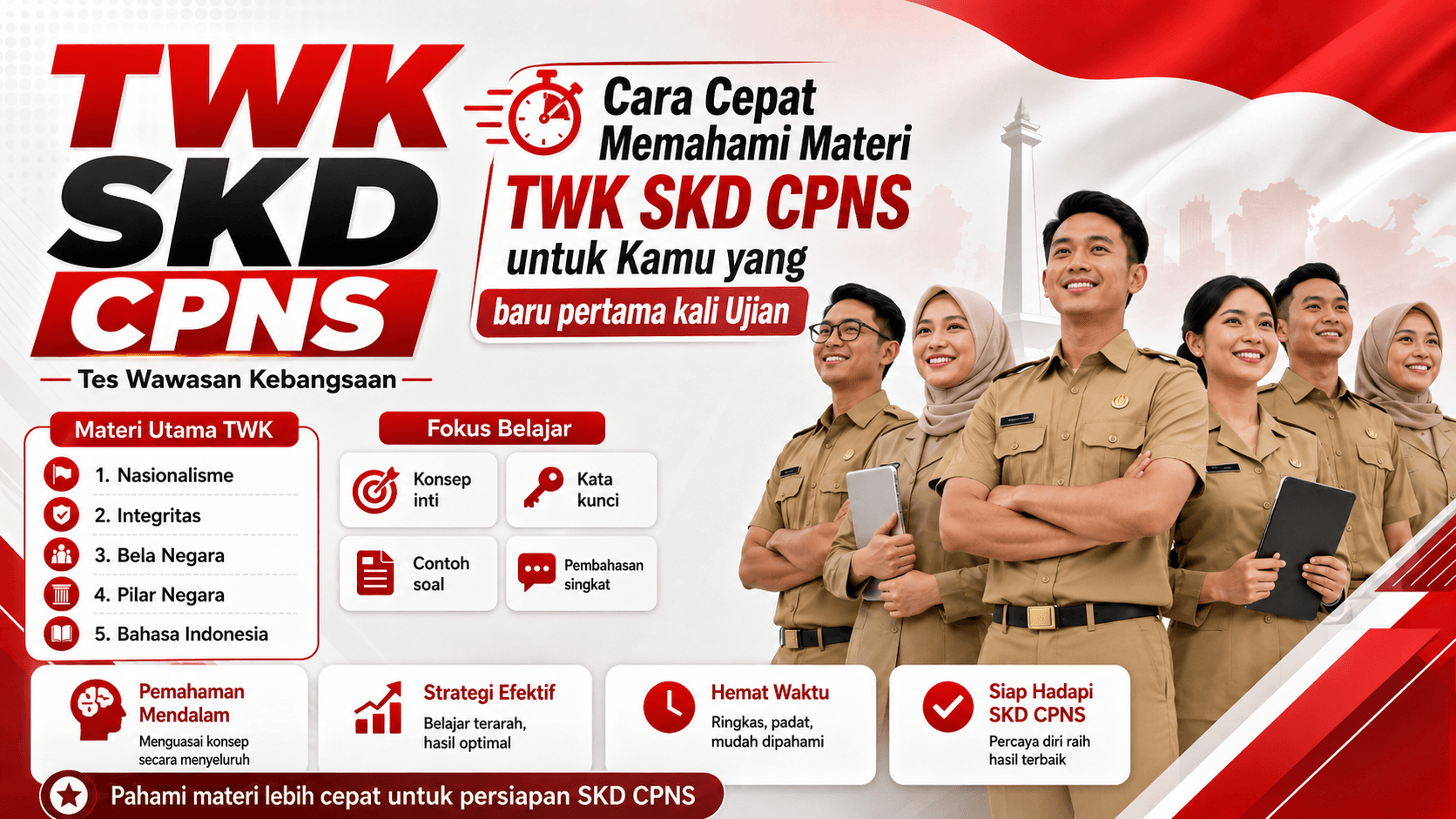  Cara Cepat Memahami Materi TWK SKD CPNS untuk peserta yang baru pertama kali ujian, menampilkan materi nasionalisme, integritas, bela negara, pilar negara, Bahasa Indonesia, dan figur ASN.