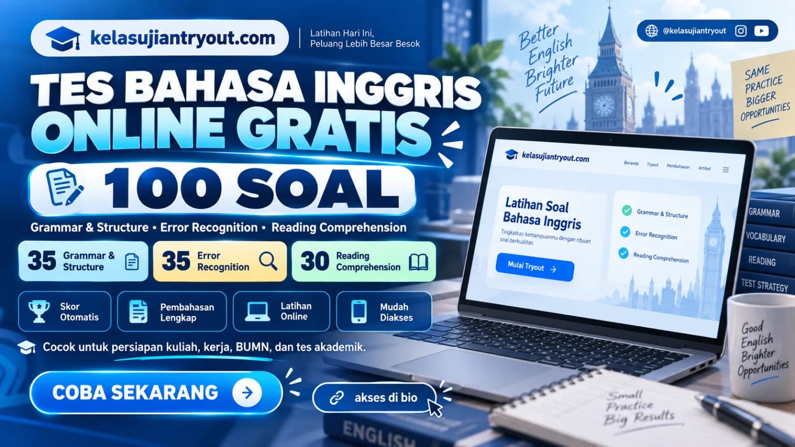 Tes Bahasa Inggris Online Gratis – 100 Soal + Pembahasan