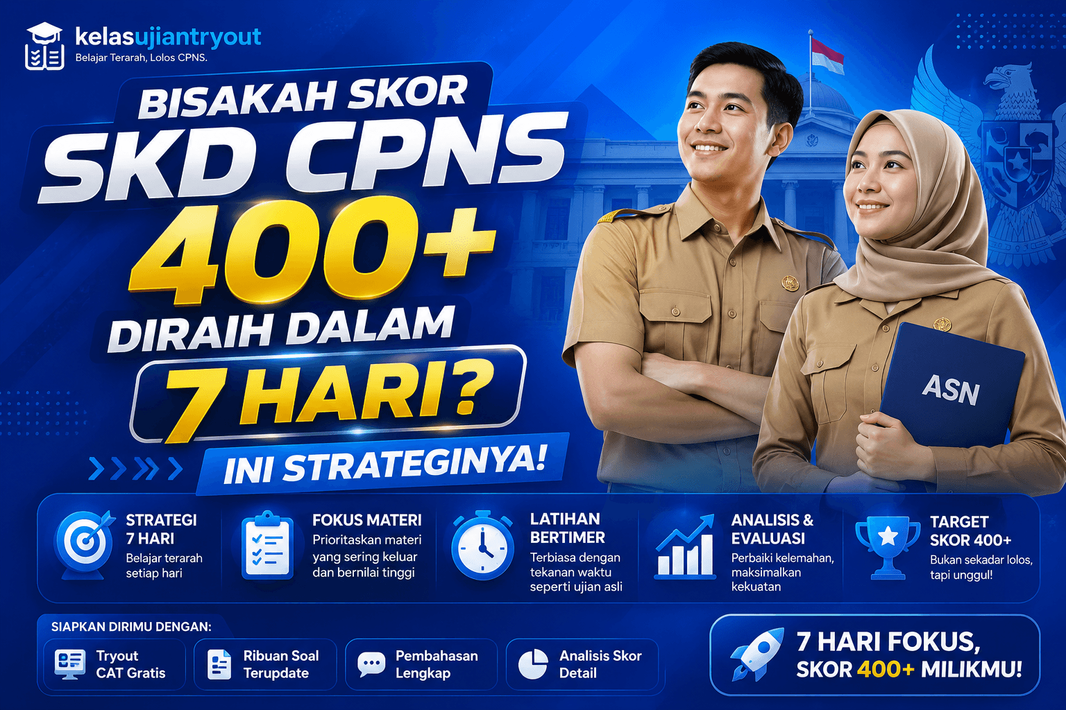 Poster strategi belajar SKD CPNS 7 hari untuk mengejar skor 400+