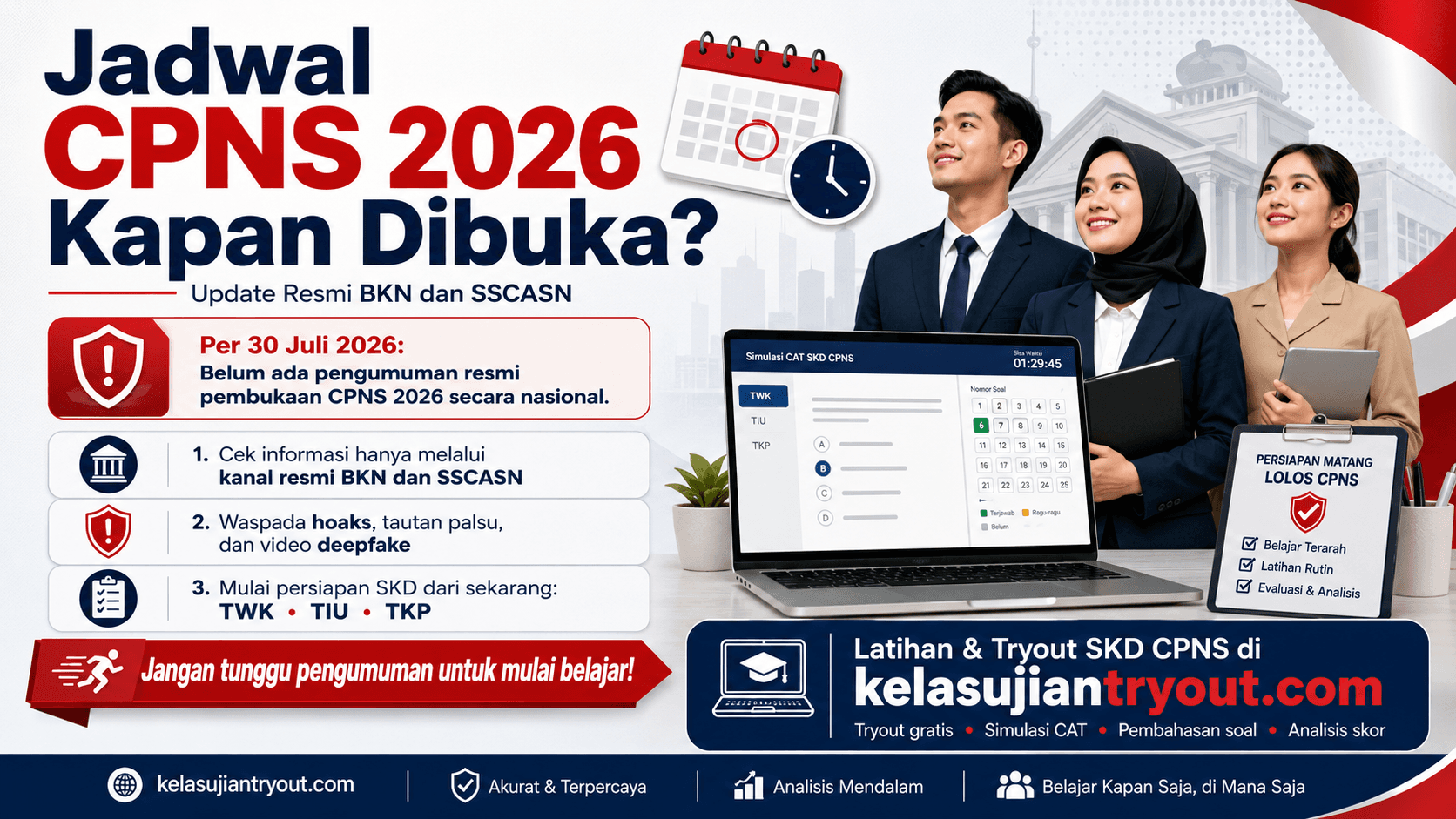 Poster jadwal CPNS 2026 dengan informasi terbaru BKN dan SSCASN serta ajakan mempersiapkan tes SKD CPNS.