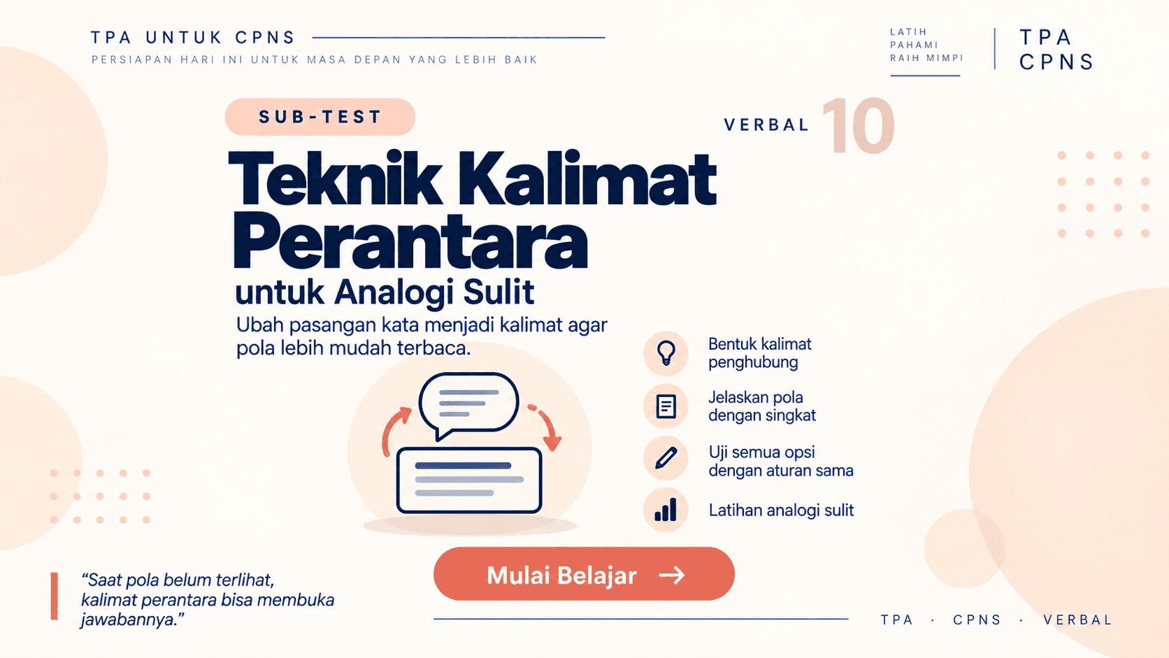 Poster TPA CPNS Sub-test 10 tentang teknik kalimat perantara untuk membuka pola analogi sulit dan menguji hubungan pada setiap opsi.