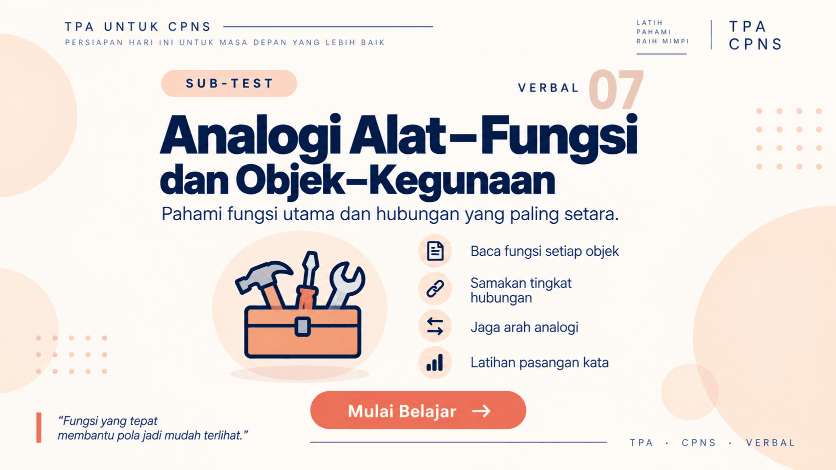 Poster TPA CPNS Sub-test 07 tentang analogi alat-fungsi dan objek-kegunaan dengan contoh gunting, kompas, dan termometer.